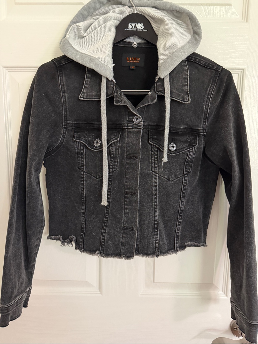 Risen Women's Washed Black Denim Jacket with Gray Hood